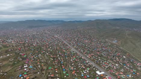 Aerial-drone-shot-of-yurts-and-gers-in-Ulan-Bator-ghetto-poor-area-Mongolia
